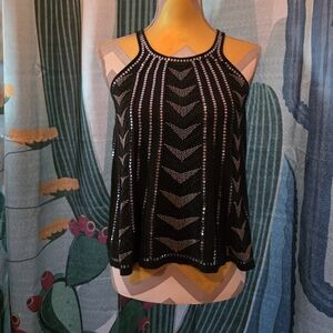 Express Black and Silver Beaded Geometric Blouse. XS Bust 13” Length 19"
